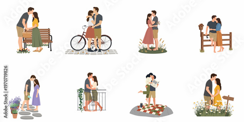Collection of flat vector illustrations depicting a romantic couple in various outdoor leisure and dating scenes.