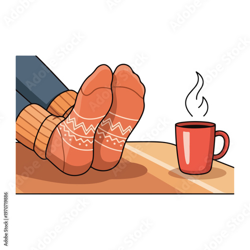 A person's feet in patterned socks next to a steaming mug