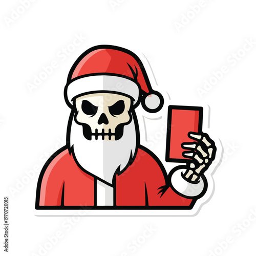 A skeletal figure in a Santa hat holds a red card