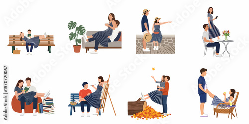 Collection of romantic couple illustrations showing various everyday activities like reading, painting, and relaxing together in a minimalist flat style.