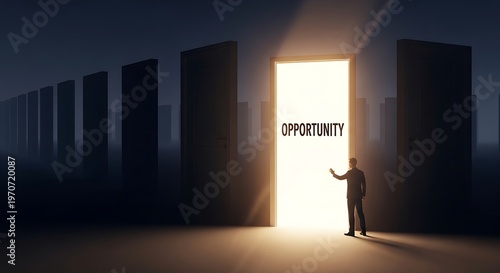 Man approaches open door with opportunity text, isolated on transparent background