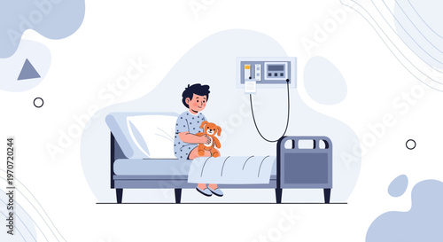Sick Child in Hospital Bed Holding Teddy Bear, Medical Monitor Nearby