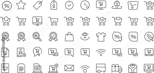 E-commerce outline icons, online shopping vector set, digital retail symbols illustration, product search graphics, discount badge pack, delivery truck design, customer service essentials
