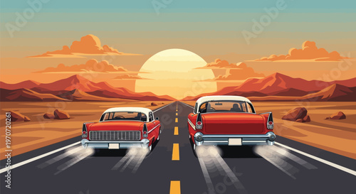 Nostalgic Desert Drive Classic Sedans on a Scenic Highway at Sunset, a Vibrant Scalable Illustration