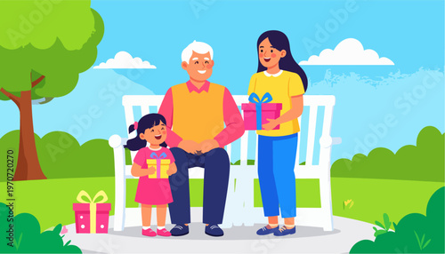 Happy grandfather receiving beautiful presents from his loving granddaughters on a park bench
