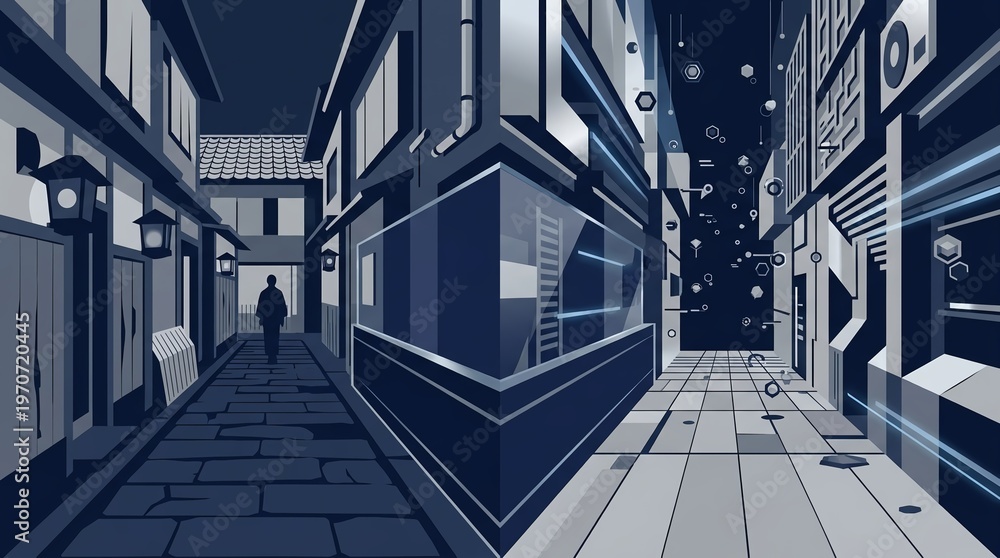 Obraz premium Empty Futuristic Japanese Street with AI Automation and Silhouette