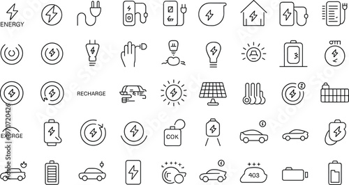 Energy electricity outline icons, renewable power vector set, charging technology symbols illustration, battery graphics pack, electric vehicle essentials, sustainable energy design resources