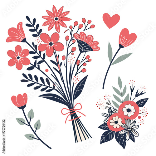 Hand drawn floral bouquet vector, pink and navy blue flower arrangements, romantic botanical elements for wedding invitations and greeting cards