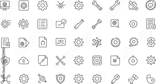 Engineering outline icons set, gears, wrench, screwdriver, shield, cloud, network, system settings, maintenance, configuration, technology, mechanics, data protection illustration