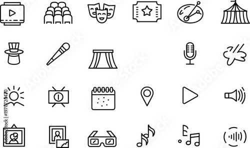 Entertainment event line icons set featuring theater cinema music ticket microphone stage festival media vector symbols collection design