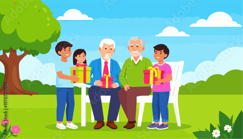 Cheerful children giving wrapped gifts to two happy grandfathers sitting on a sunny park bench
