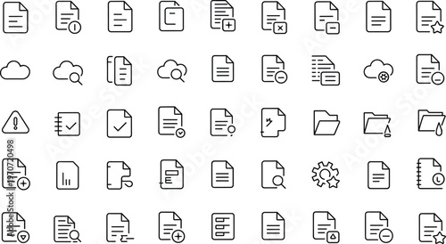 File management outline icons set, folder, document, cloud storage, productivity, digital interface, data organization, workflow, technology, business illustration