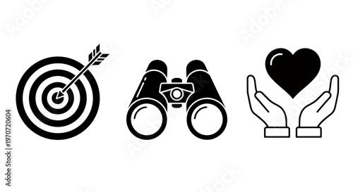 Target, binoculars, and caring hands icons representing focus, exploration, and compassion.