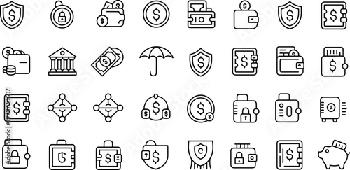 Financial icons, money management, banking, savings, piggy bank, wallet, coins, currency, shield, lock, umbrella, secure transaction, finance design, investment