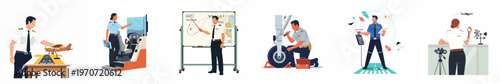 Collection of Professional Pilot Characters Engaged in Flight Training, Aircraft Maintenance, Navigation Planning, and Airport Control Operations Illustrations.