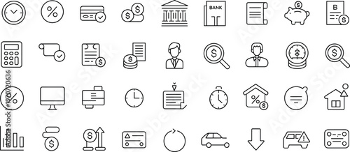 Financial business icons set, clock, percentage, credit card, coins, bank building, piggy bank, calculator, receipt, chart, computer, printer, warning, vector