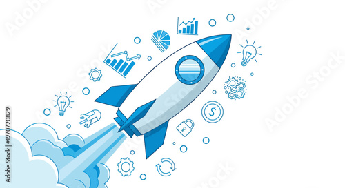 Dynamic rocket launch illustration showing futuristic space propulsion and orbit concepts.