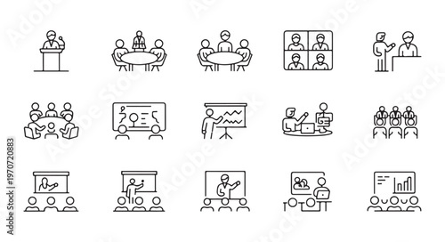Modern corporate seminar line icon set featuring virtual conference calls and digital workplace solutions.
