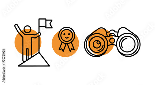 Whimsical illustration of achievement and celebration with a flag, ribbon, and medals.