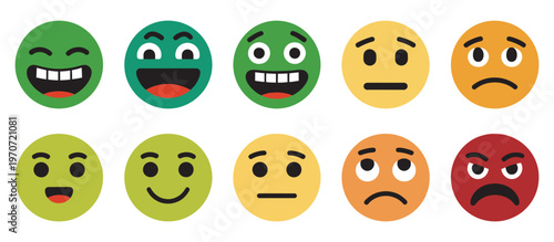 Feedback emoticons face icon set, happy sad reactions, good bad review emojis, mood faces for survey rating, vector illustration