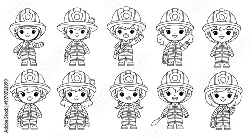 Series of cartoon construction workers wearing helmets in various poses.