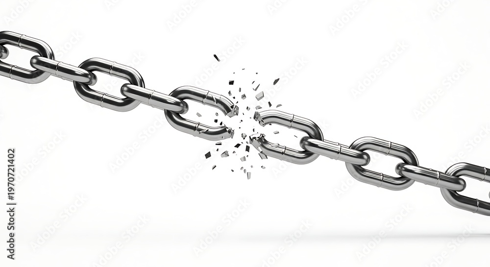Fototapeta premium Broken metal chain link breaking apart isolated on transparent background