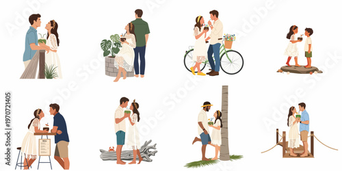Collection of flat vector illustrations featuring romantic couples and children enjoying tropical vacations, beach activities, and drinking from fresh coconuts.