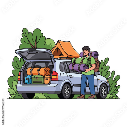 A man packing a car for camping with gear