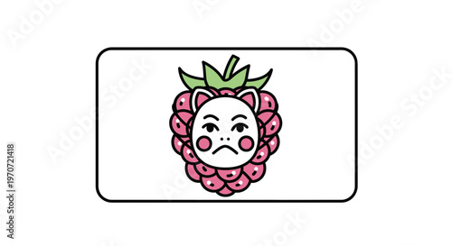 Sad Raspberry Character with Cat Face and Mask, Cute Fruit Mascot Illustration