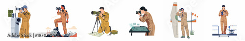 Set of flat vector illustrations featuring field photographers and reconnaissance personnel in tan jumpsuits using professional cameras for various surveillance missions.