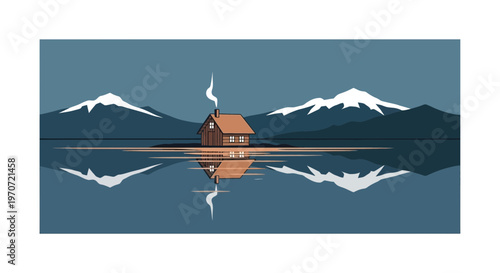 Serene Cabin Reflection on Calm Lake, Snow-Capped Mountains Background, Minimalist Landscape