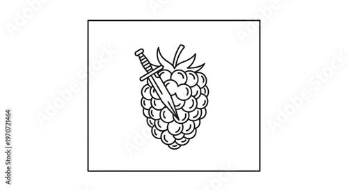 Sharp Knife Piercing a Ripe Raspberry Fruit - Black and White Line Art