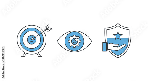Vector icons illustrating precision target, analytical vision, and protective security concepts.
