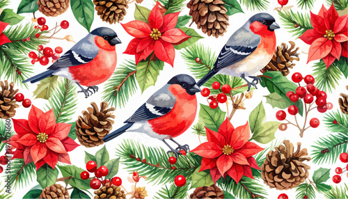 Watercolor Bullfinch Birds with Poinsettias Pine Cones and Holly Berries Seamless Christmas Pattern