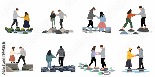 Flat vector illustrations of a young couple supporting each other while crossing stepping stones and rocky paths over water.