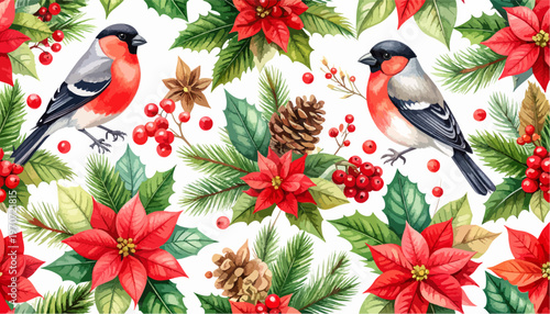 Watercolor Christmas Pattern with Bullfinches Poinsettias Holly Berries and Pine Cones Seamless Festive Design