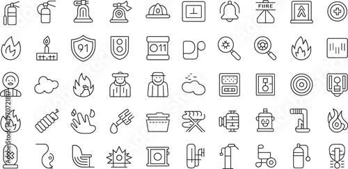 Fire safety outline icons set, emergency, firefighter, helmet, extinguisher, flames, hydrant, alarm, rescue, shield, equipment, prevention, emergency response illustration