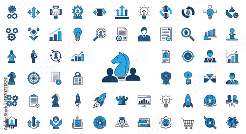 Eclectic Blue Chess Icon Collage Highlighting Strategy and Play.