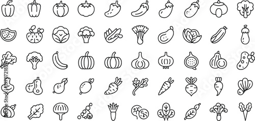 Fruit and vegetable line icons, healthy food outline, organic produce illustration, farm fresh design, nutrition graphics, vegetarian diet, cooking symbols, natural