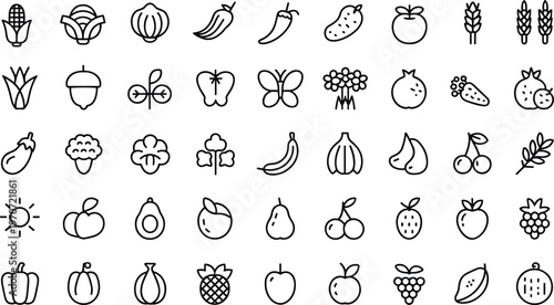 Fruit vegetable plant icons, natural food produce, healthy nutrition agriculture, corn cabbage onion chili, strawberry banana grape watermelon