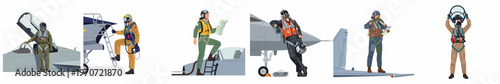 A collection of diverse military pilots in full flight gear posing with modern fighter jets, isolated on a white background.