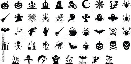 Halloween icons, spooky symbols, haunted house graphics, jack-o-lantern illustration, ghost design, skeleton icon, witch broom, spider web, bat, tombstone