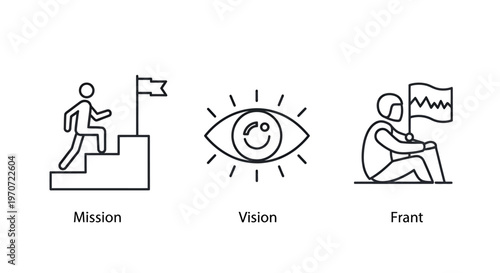 Illustration of mission, vision, and frontline teamwork conveying core business strategy and leadership concepts.