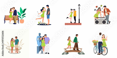 Vector illustration set of a young couple sharing music through headphones and enjoying various romantic activities together in different casual settings.
