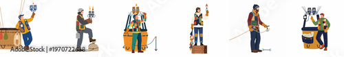 Collection of hot air balloon pilots and ground crew characters with burners, baskets, and aviation equipment in flat vector style.