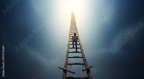 Person climbing ladder towards bright sky isolated on transparent background