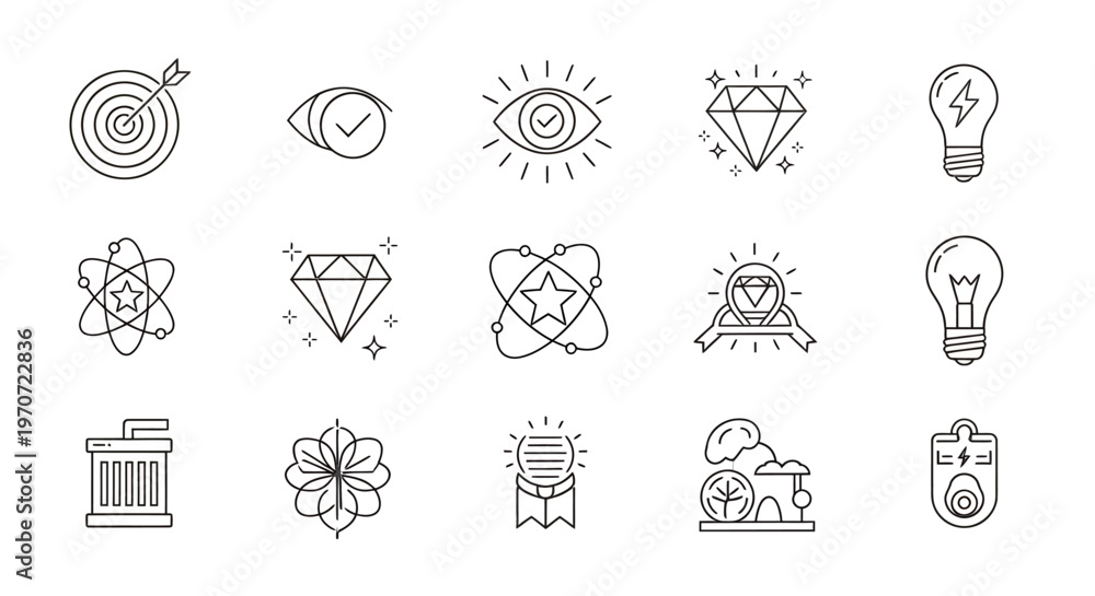Fototapeta premium Collection of Line Icon Concepts Featuring Eye, Lightbulb, Atom, and Abstract Symbols.