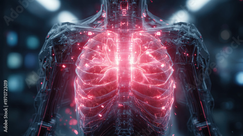 Close-up of illuminated human chest with glowing ribcage and organs, representing advanced medical imaging, anatomy visualization, and health diagnostics technology