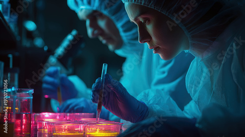 Biotechnology research lab scientists working with glowing samples sterile environment cinematic lighting high detail