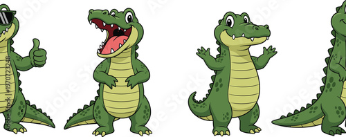 Cute Cartoon Crocodile Characters Vector Set with Funny Alligator Mascots in Different Poses for Kids Illustration, Wildlife Design, and Animal Clipart Collection